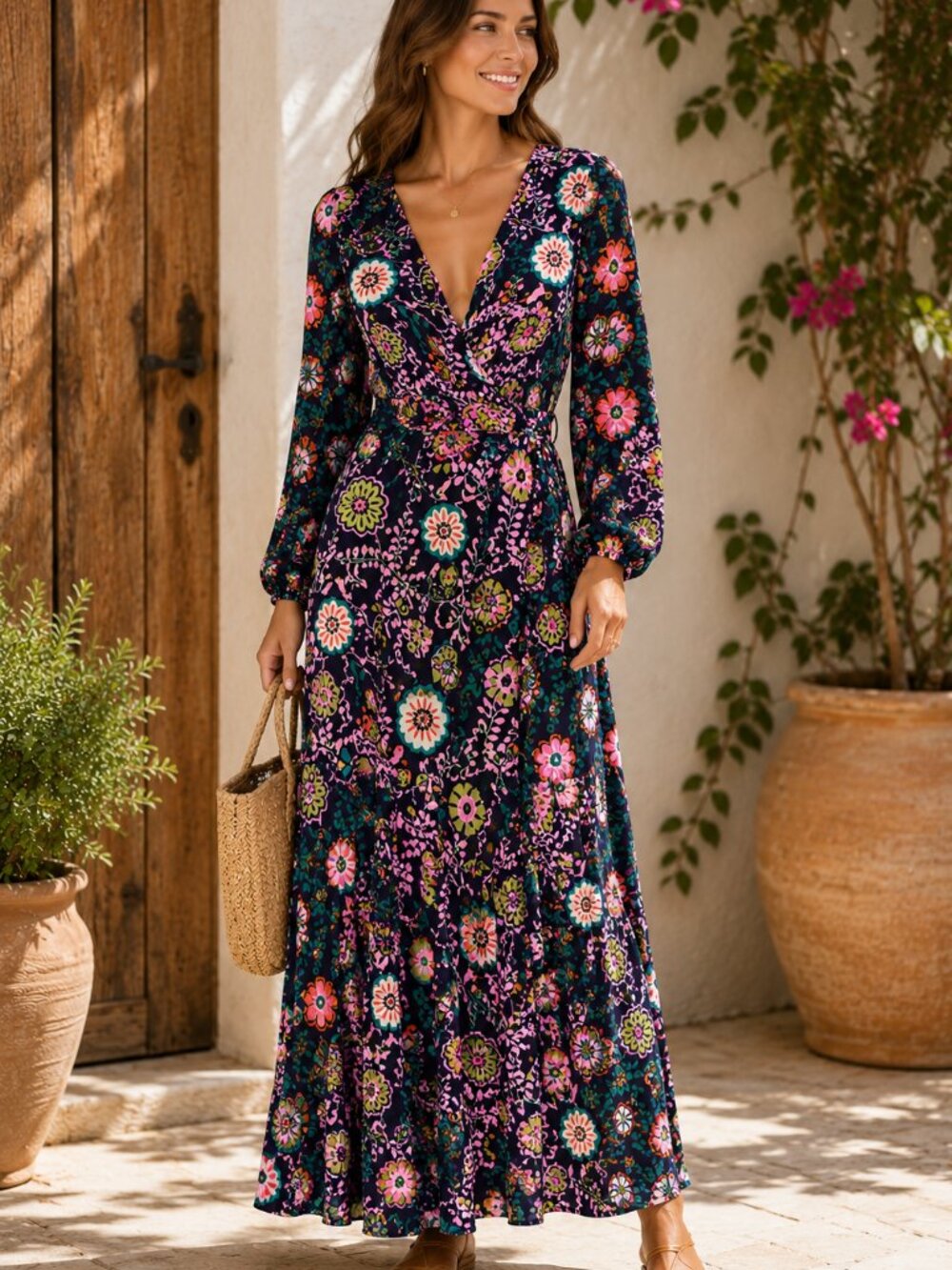 Boden Women's US 6 Floral Wrap Midi Dress Long Sleeve Tie Waist Boho 1135
